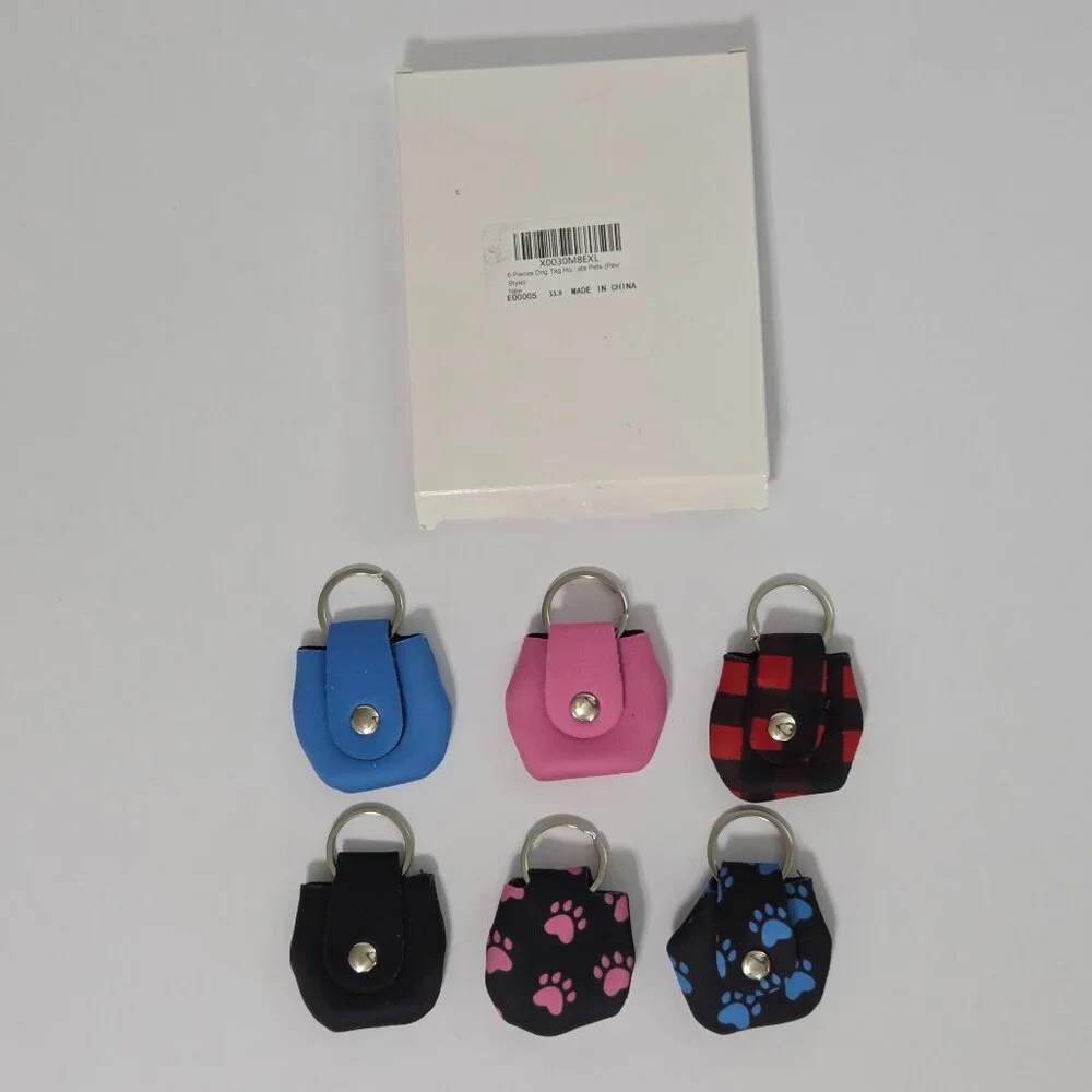 Dog Tag Holder 6 Piece Set for Pets, Paw & Plaid Designs, NEW